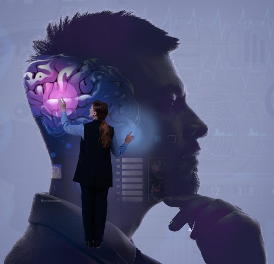 Double exposure of silhouette of man and woman using virtual screen on color background. Innovative technologies in medicine